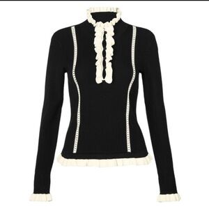 CAbi Black and Cream V-Neck Sweater Adorn Pullover